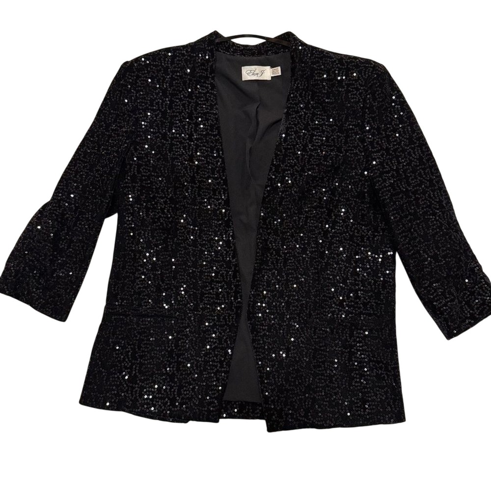 Eliza J Black Sequin Beaded Blazer Jacket Three Quarter Sleeve Mermaid Cocktail‎